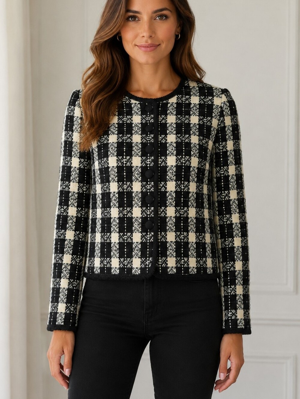 Vintage Lauren Alexandra Collection Boucle Jacket Black Ivory Plaid Size 10